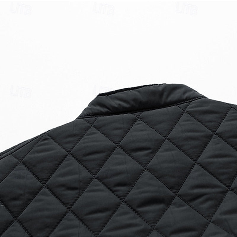 Quilted Jacket Men's Stand Collar Black Full Zip – Casual, Office, Holiday, Gift