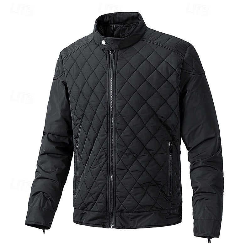Quilted Jacket Men's Stand Collar Black Full Zip – Casual, Office, Holiday, Gift