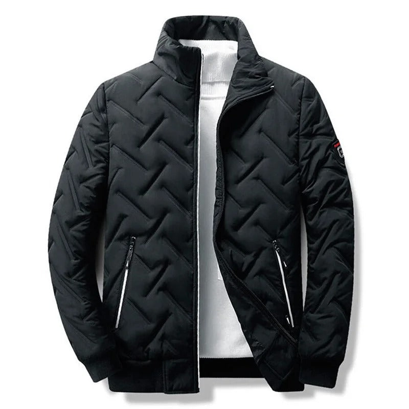 Quilted Jacket Men's Stand-Collar Black Zip-Up Padded Coat – Casual, Winter Outerwear Gift