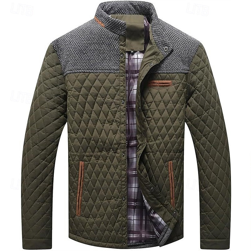 Quilted Jacket Men's Stand Collar Khaki Plaid Lined – Casual, Office, Holiday, Gift