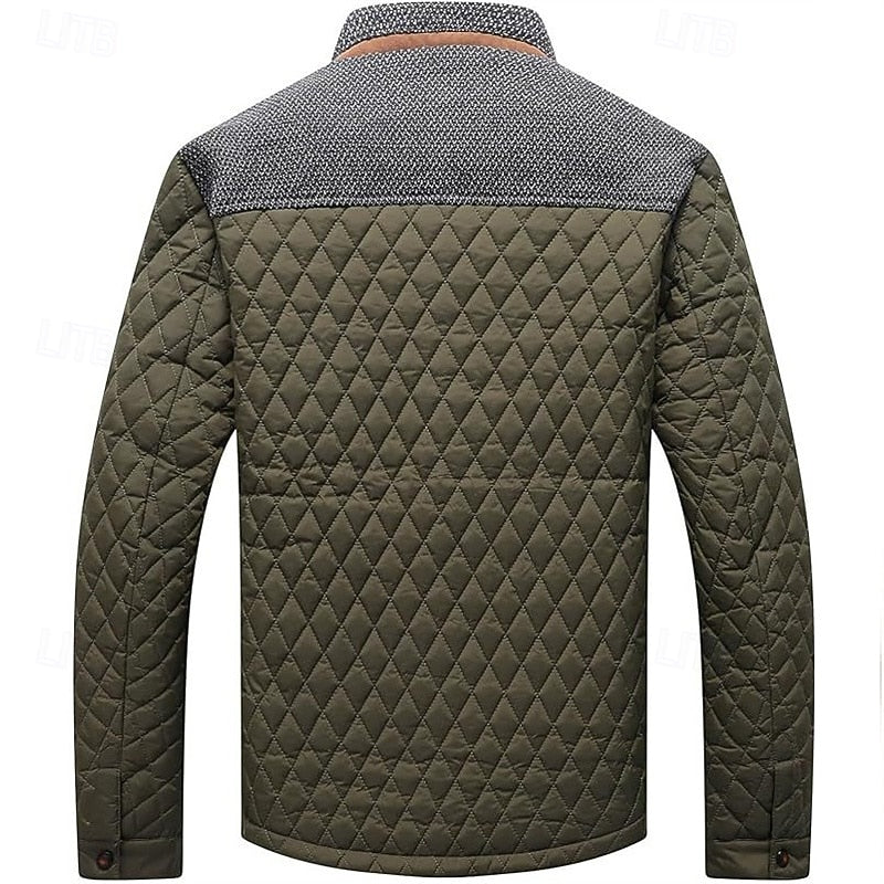 Quilted Jacket Men's Stand Collar Khaki Plaid Lined – Casual, Office, Holiday, Gift