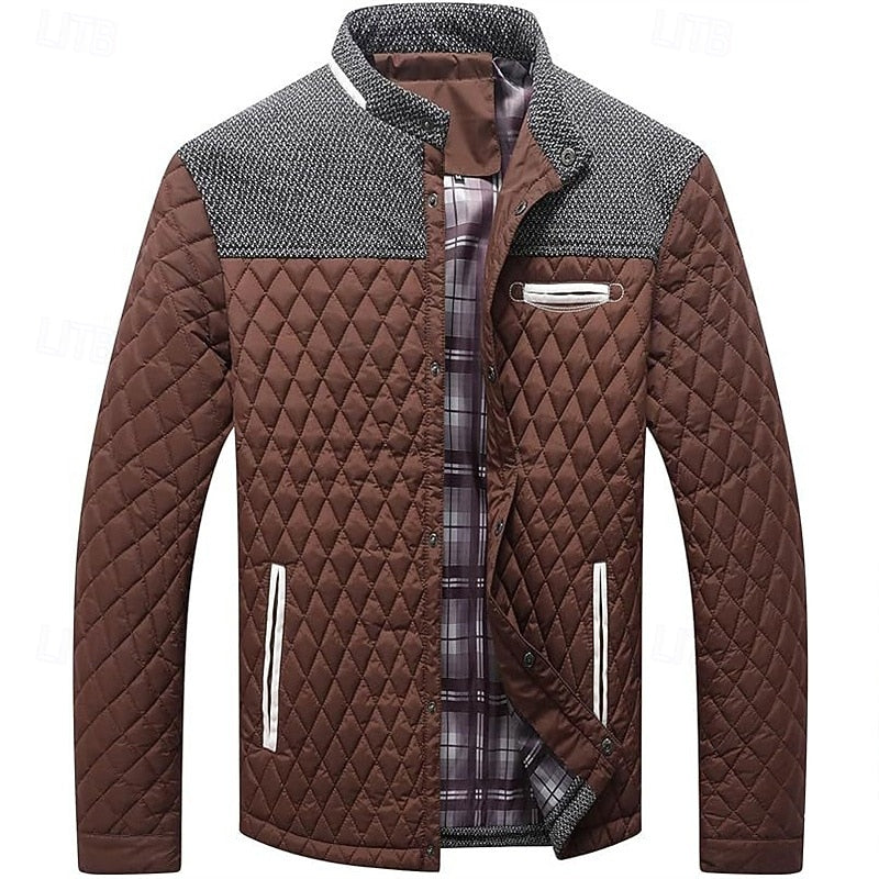 Quilted Jacket Men's Stand Collar Khaki Plaid Lined – Casual, Office, Holiday, Gift