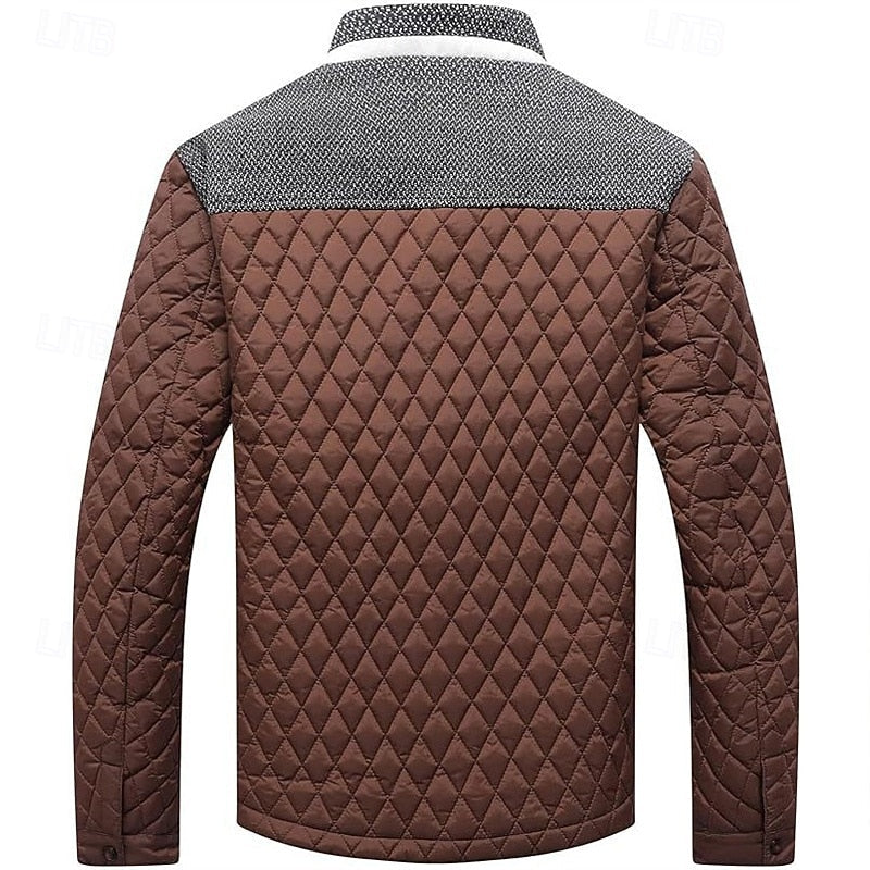 Quilted Jacket Men's Stand Collar Khaki Plaid Lined – Casual, Office, Holiday, Gift