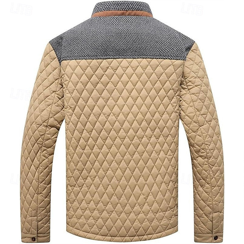 Quilted Jacket Men's Stand Collar Khaki Plaid Lined – Casual, Office, Holiday, Gift