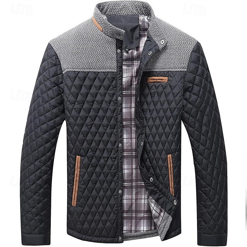 Quilted Jacket Men's Stand Collar Khaki Plaid Lined – Casual, Office, Holiday, Gift