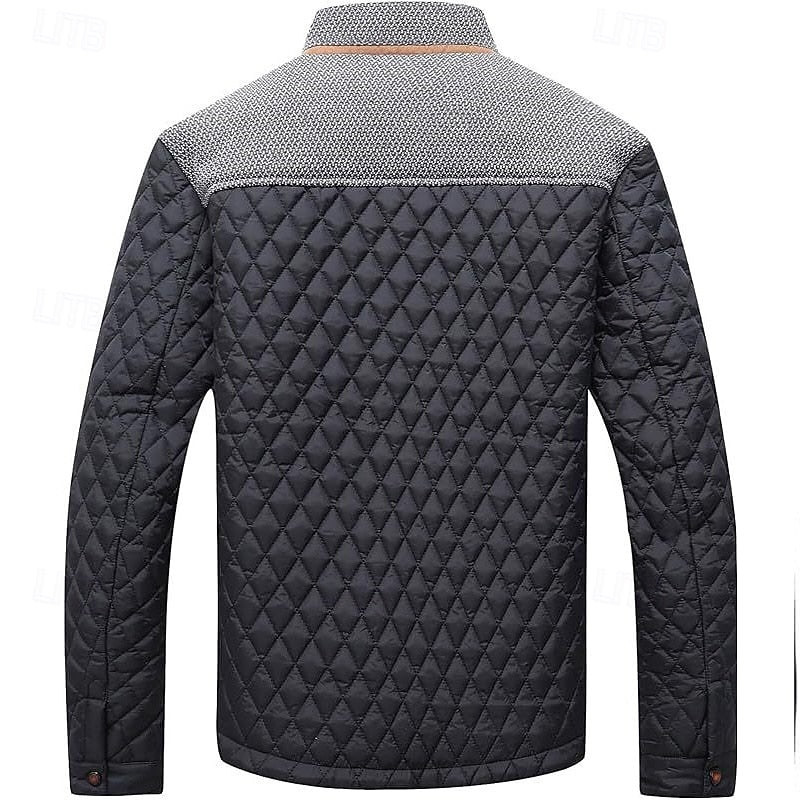 Quilted Jacket Men's Stand Collar Khaki Plaid Lined – Casual, Office, Holiday, Gift
