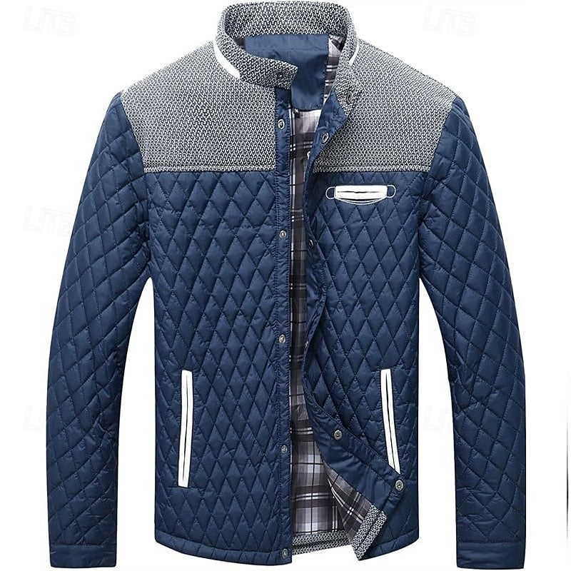Quilted Jacket Men's Stand Collar Khaki Plaid Lined – Casual, Office, Holiday, Gift