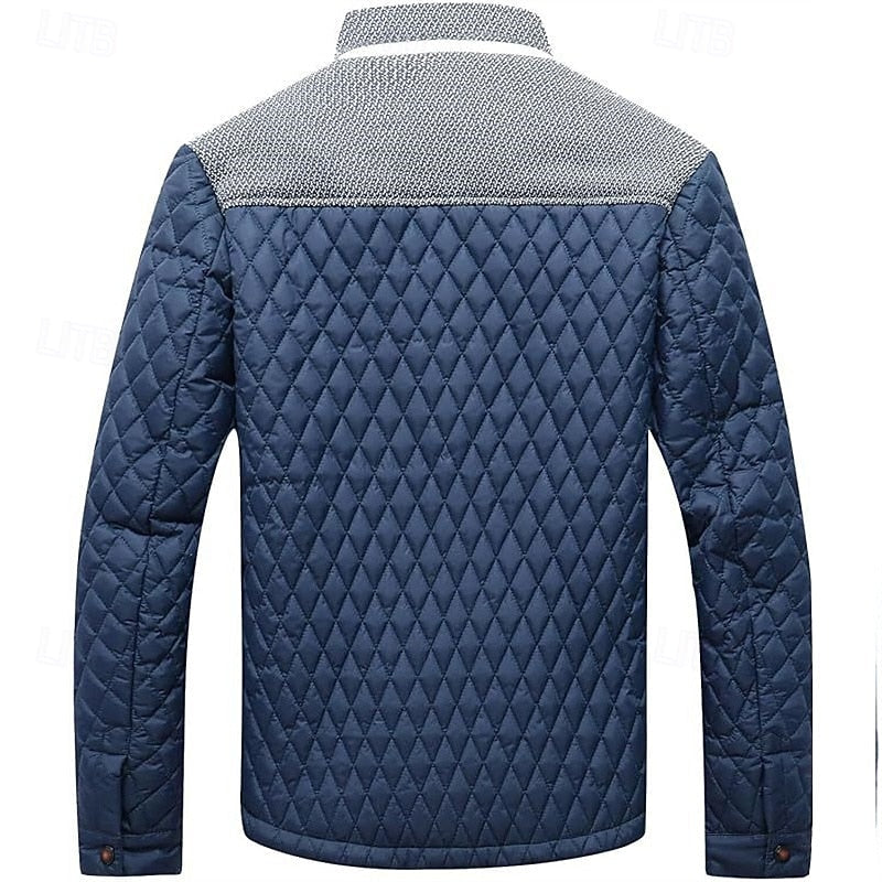 Quilted Jacket Men's Stand Collar Khaki Plaid Lined – Casual, Office, Holiday, Gift