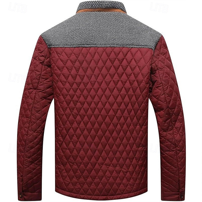Quilted Jacket Men's Stand Collar Khaki Plaid Lined – Casual, Office, Holiday, Gift