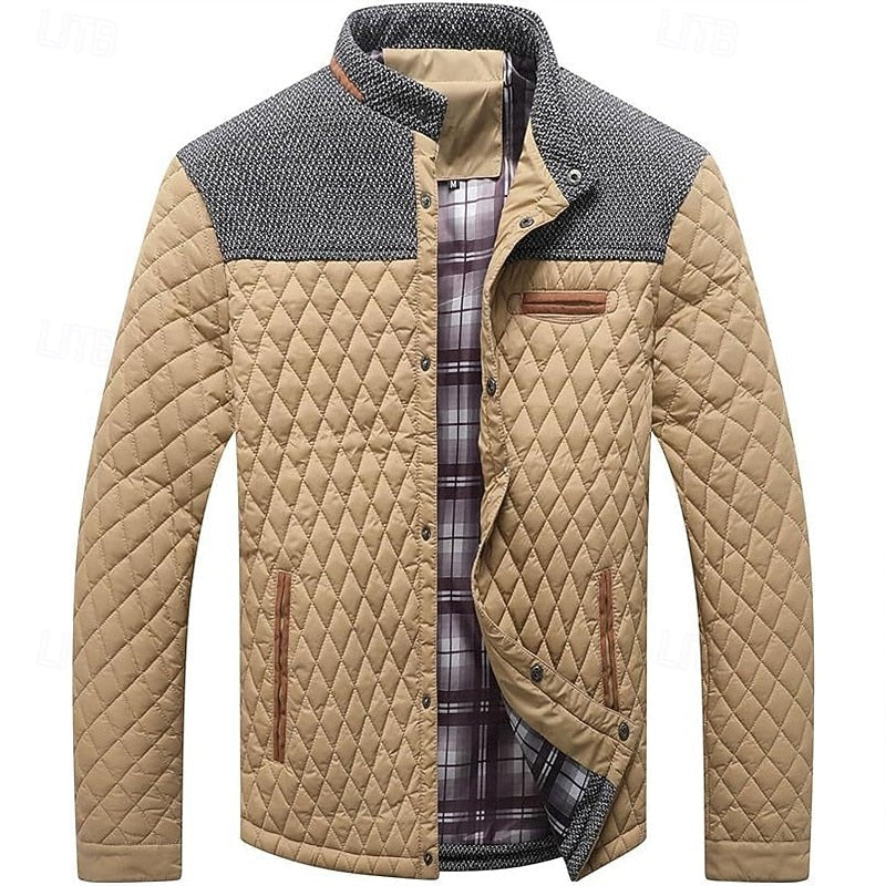 Quilted Jacket Men's Stand Collar Khaki Plaid Lined – Casual, Office, Holiday, Gift