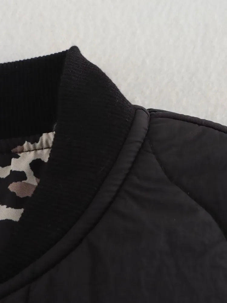 Quilted Jacket Women's Button-Up with Leopard Print Lining – Casual, Office, Holiday, Gift