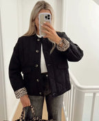 Quilted Jacket Women's Button-Up with Leopard Print Lining – Casual, Office, Holiday, Gift