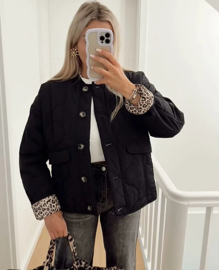 Quilted Jacket Women's Button-Up with Leopard Print Lining – Casual, Office, Holiday, Gift