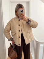 Quilted Jacket Women's Button-Up with Leopard Print Lining – Casual, Office, Holiday, Gift