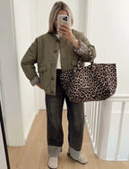 Quilted Jacket Women's Button-Up with Leopard Print Lining – Casual, Office, Holiday, Gift