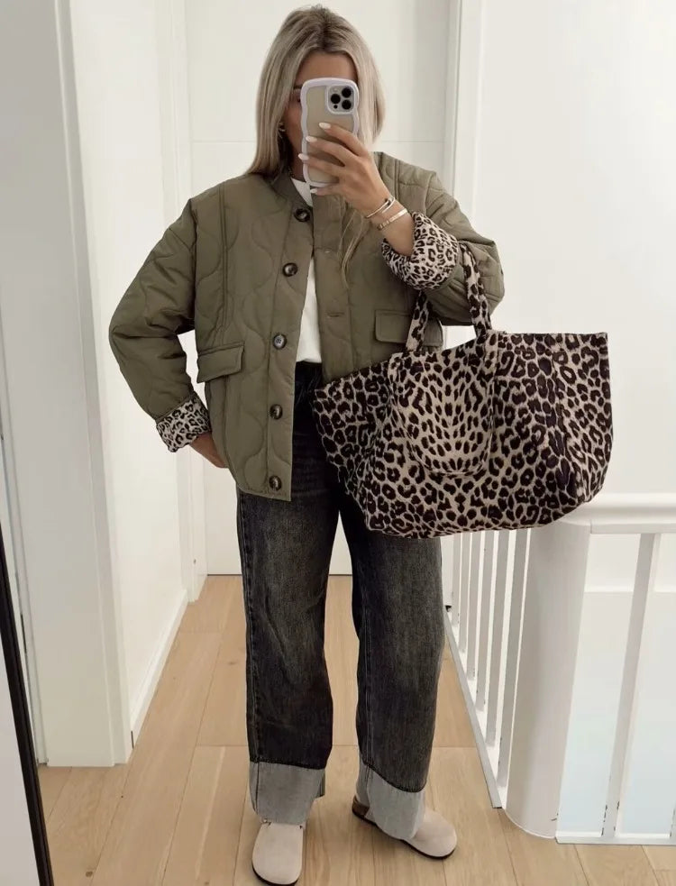 Quilted Jacket Women's Button-Up with Leopard Print Lining – Casual, Office, Holiday, Gift