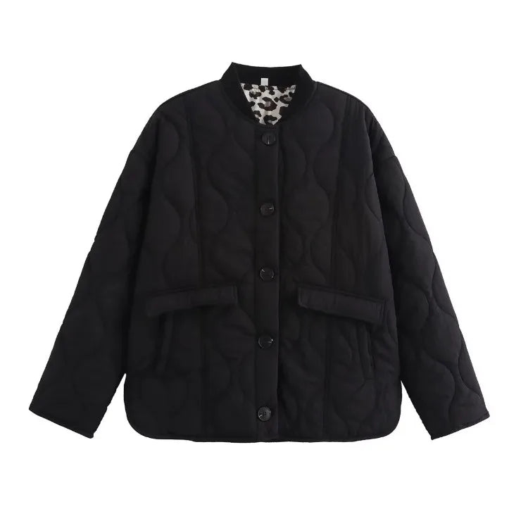 Quilted Jacket Women's Button-Up with Leopard Print Lining – Casual, Office, Holiday, Gift