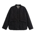 Quilted Jacket Women's Button-Up with Leopard Print Lining – Casual, Office, Holiday, Gift