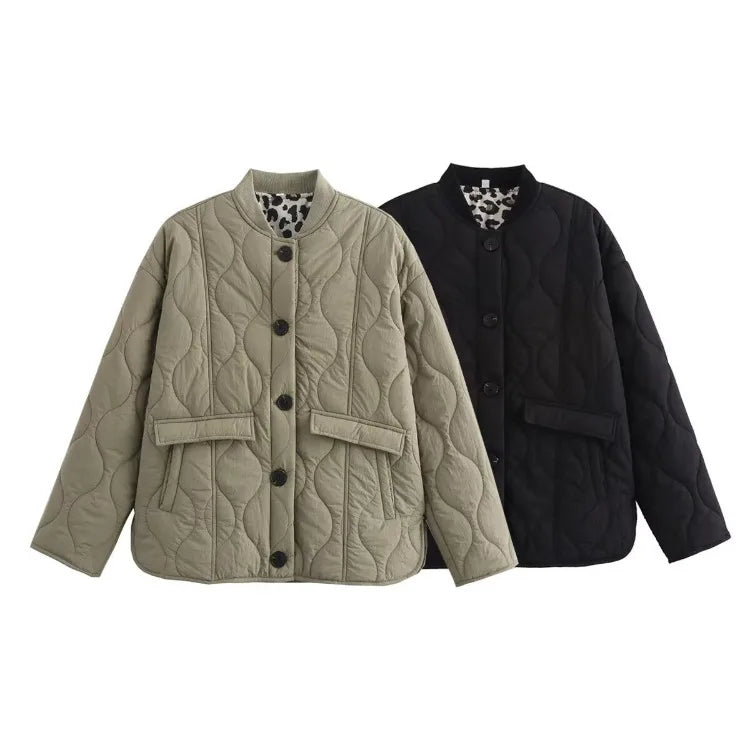 Quilted Jacket Women's Button-Up with Leopard Print Lining – Casual, Office, Holiday, Gift