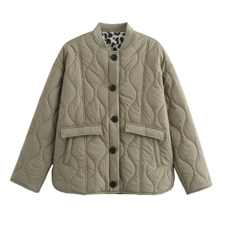 Quilted Jacket Women's Button-Up with Leopard Print Lining – Casual, Office, Holiday, Gift