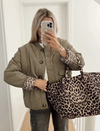 Quilted Jacket Women's Button-Up with Leopard Print Lining – Casual, Office, Holiday, Gift