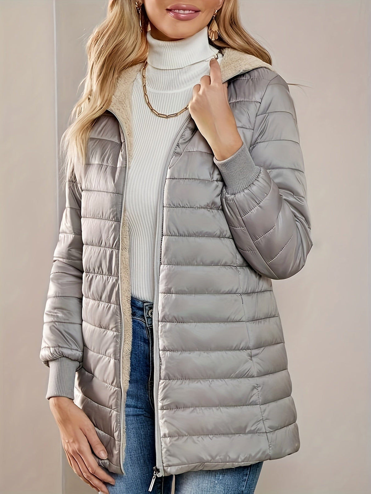 Quilted Longline Puffer Coat Women's Black Fleece-Lined Zip-Up – Winter, Casual, Everyday Outerwear
