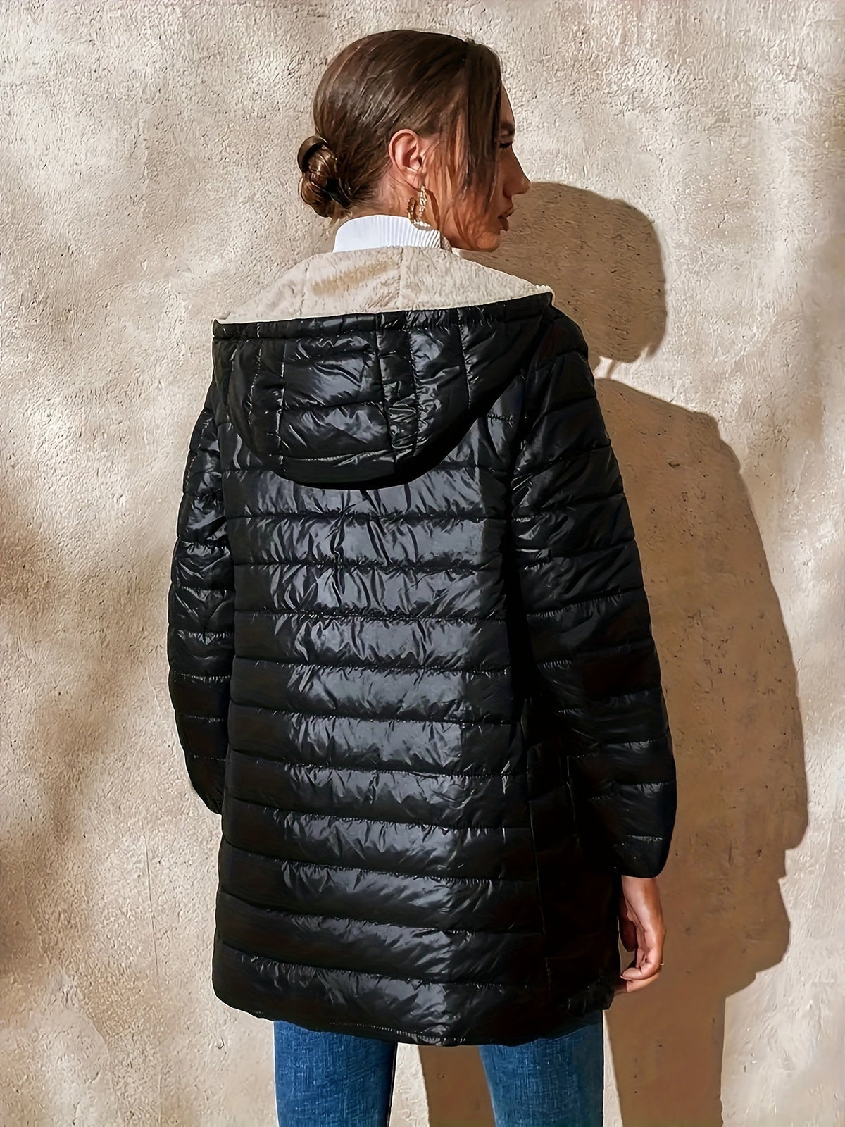 Quilted Longline Puffer Coat Women's Black Fleece-Lined Zip-Up – Winter, Casual, Everyday Outerwear