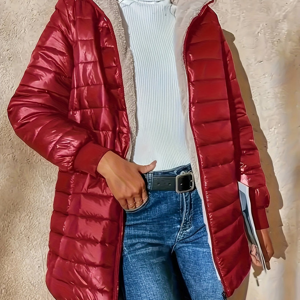 Quilted Longline Puffer Coat Women's Black Fleece-Lined Zip-Up – Winter, Casual, Everyday Outerwear