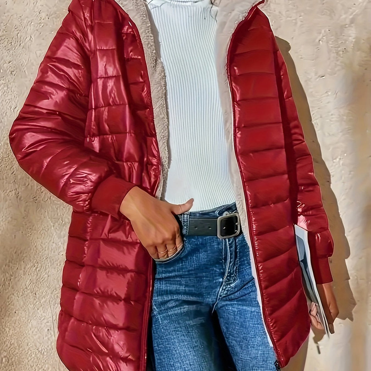 Quilted Longline Puffer Coat Women's Black Fleece-Lined Zip-Up – Winter, Casual, Everyday Outerwear