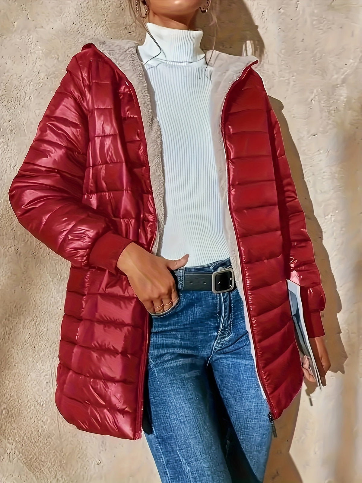Quilted Longline Puffer Coat Women's Black Fleece-Lined Zip-Up – Winter, Casual, Everyday Outerwear