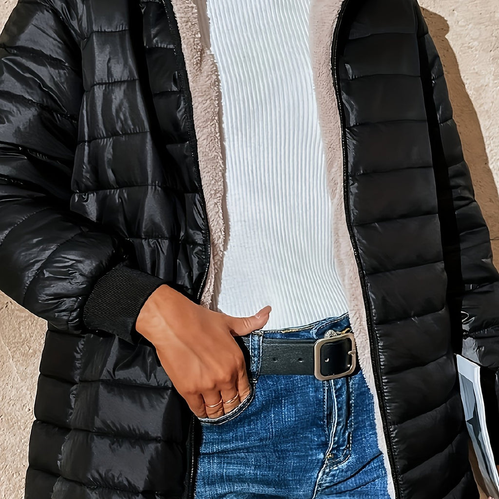 Quilted Longline Puffer Coat Women's Black Fleece-Lined Zip-Up – Winter, Casual, Everyday Outerwear
