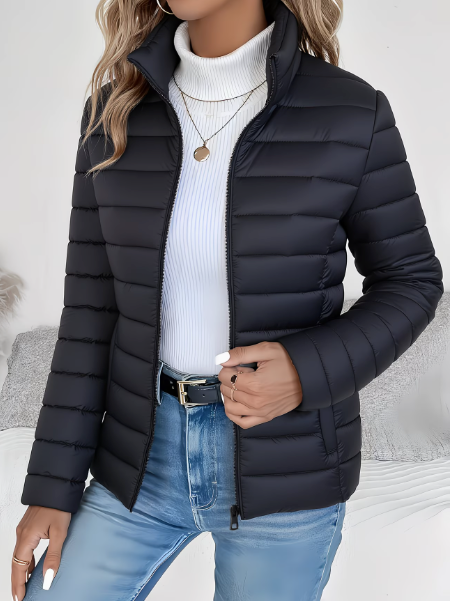 Quilted Puffer Jacket Women's Lightweight Stand Collar Zip-Up – Casual, Spring Layering