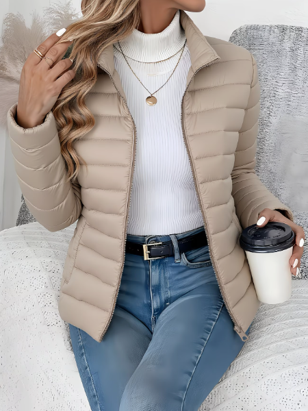 Quilted Puffer Jacket Women's Lightweight Stand Collar Zip-Up – Casual, Spring Layering