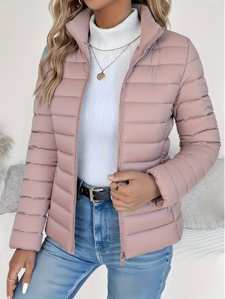 Quilted Puffer Jacket Women's Lightweight Stand Collar Zip-Up – Casual, Spring Layering