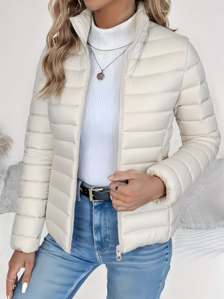 Quilted Puffer Jacket Women's Lightweight Stand Collar Zip-Up – Casual, Spring Layering