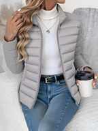 Quilted Puffer Jacket Women's Lightweight Stand Collar Zip-Up – Casual, Spring Layering