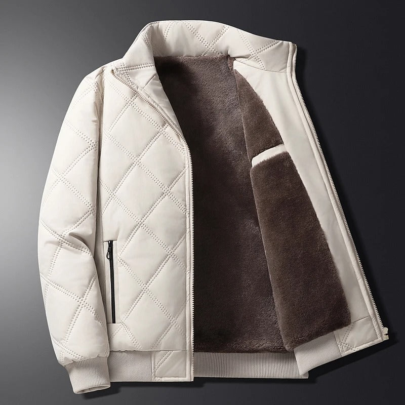 Quilted Winter Jacket Men's Fleece-Lined Stand Collar Brown – Casual, Warm Everyday Outerwear