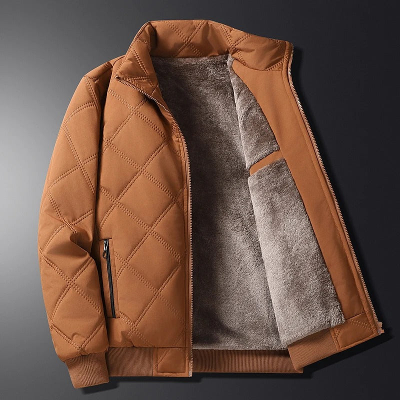Quilted Winter Jacket Men's Fleece-Lined Stand Collar Brown – Casual, Warm Everyday Outerwear