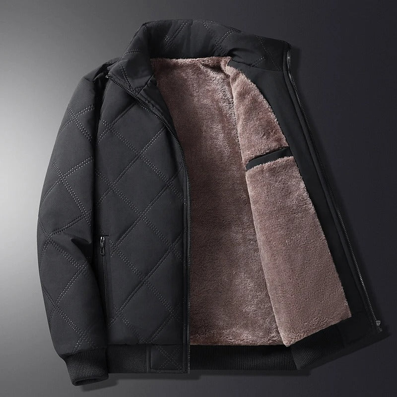 Quilted Winter Jacket Men's Fleece-Lined Stand Collar Brown – Casual, Warm Everyday Outerwear