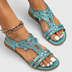 Rhinestone Flat Sandals Women's Turquoise Flower Embellished Elastic Strap – Summer, Casual