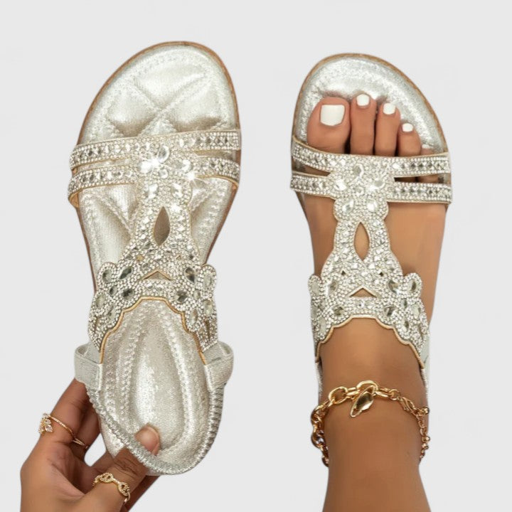 Rhinestone Flat Sandals Women's Turquoise Flower Embellished Elastic Strap – Summer, Casual