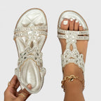 Rhinestone Flat Sandals Women's Turquoise Flower Embellished Elastic Strap – Summer, Casual