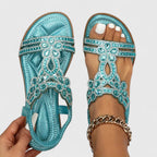 Rhinestone Flat Sandals Women's Turquoise Flower Embellished Elastic Strap – Summer, Casual