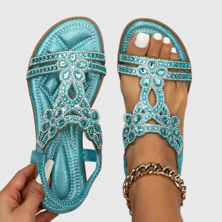 Rhinestone Flat Sandals Women's Turquoise Flower Embellished Elastic Strap – Summer, Casual