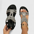 Rhinestone Flat Sandals Women's Turquoise Flower Embellished Elastic Strap – Summer, Casual