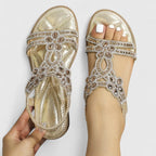 Rhinestone Flat Sandals Women's Turquoise Flower Embellished Elastic Strap – Summer, Casual