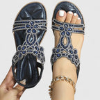 Rhinestone Flat Sandals Women's Turquoise Flower Embellished Elastic Strap – Summer, Casual