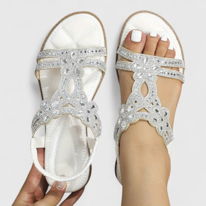 Rhinestone Flat Sandals Women's Turquoise Flower Embellished Elastic Strap – Summer, Casual