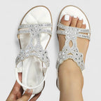 Rhinestone Flat Sandals Women's Turquoise Flower Embellished Elastic Strap – Summer, Casual