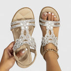 Rhinestone Flat Sandals Women's Turquoise Flower Embellished Elastic Strap – Summer, Casual
